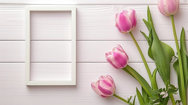 The photo frame beautifully embellished with pink tulips creates a picturesque setting with ample copy space for text or captions.