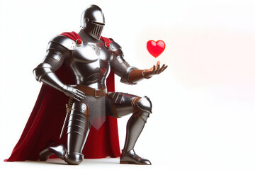 Obraz premium A knight kneeling with a heart in his hands. Space for text.