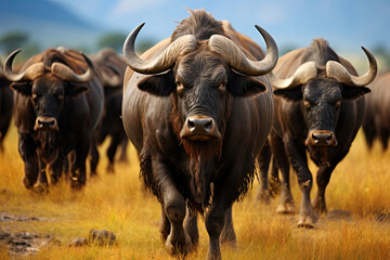 Herds of African buffaloes in savanna scenery demonstrating wildlife beauty and potential safari adventure tourism