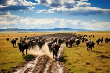 Herd of wildebeests migrating across the African savanna, symbolizing wildlife, adventure, and...