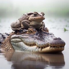 Obraz premium A toad sitting on the head of a crocodile.