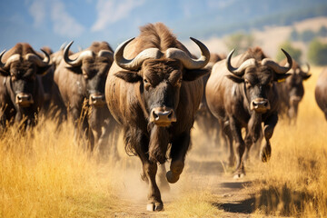 African buffalo herd stampeding through the savannah depicting wildlife power movement conservation and safari travel - obrazy, fototapety, plakaty