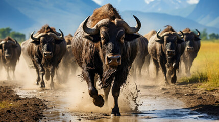 Herd of African buffaloes charging through dusty savannah displaying power and unity in wild ideal for travel and conservation themes - obrazy, fototapety, plakaty