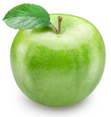 Ripe perfect green apple with leaf on white background. File contains clipping path.