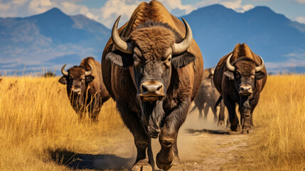 American bison herd roaming the grassy plains in a tranquil rural scene ideal for eco-tourism and...
