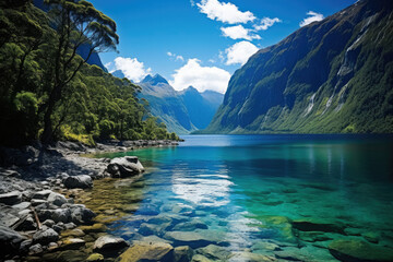 Serene lake and mountains with clear water perfect for travel and eco-tourism advertising in New Zealand