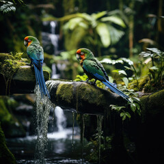 Tropical parrots on moss-covered bamboo in rainforest serene mood suited for wildlife conservation themes, featuring serene jungle atmosphere, vibrant plumage, and natural habitat