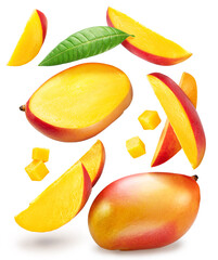 Mango fruits and mango slices levitating in air on white background. File contains clipping paths.