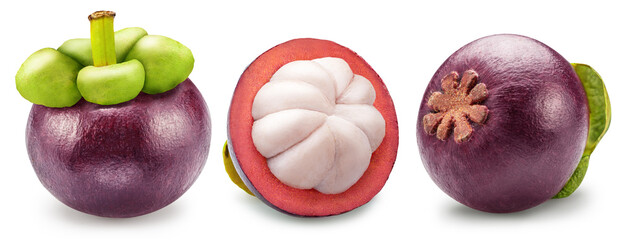 Mangosteen fruits and mangosteen slice on white background. File contains clipping paths.