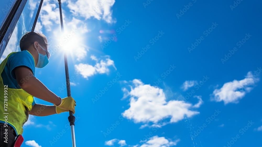 Wall mural a man window cleaner on a sunny day against a bright blue sky. cleaning concept.