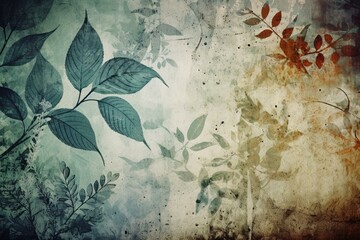 Floral leaves on grunge wall. Wallpaper, mural, card, postcard. Generative AI