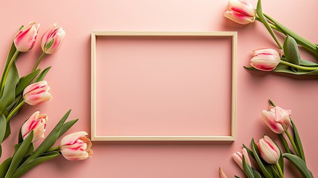 A charming display featuring an empty photo frame adorned with pink tulips, creating a delightful space for adding text or personalized messages.