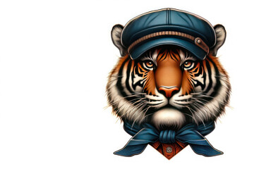 Obraz premium Close-up of a tiger in a cap. Space for text.
