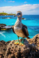 Blue-footed booby perched on a rock with turquoise ocean backdrop providing a glimpse into wildlife in the Galapagos ideal for nature and travel themed industries