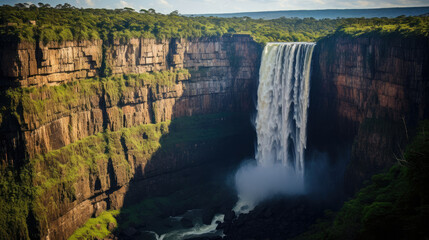 Majestic Waterfall Amidst Cliffs and Greenery for Travel and Tourism Industries