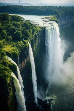 Majestic waterfall surrounded by lush greenery perfect for eco-tourism and travel ads © Made360