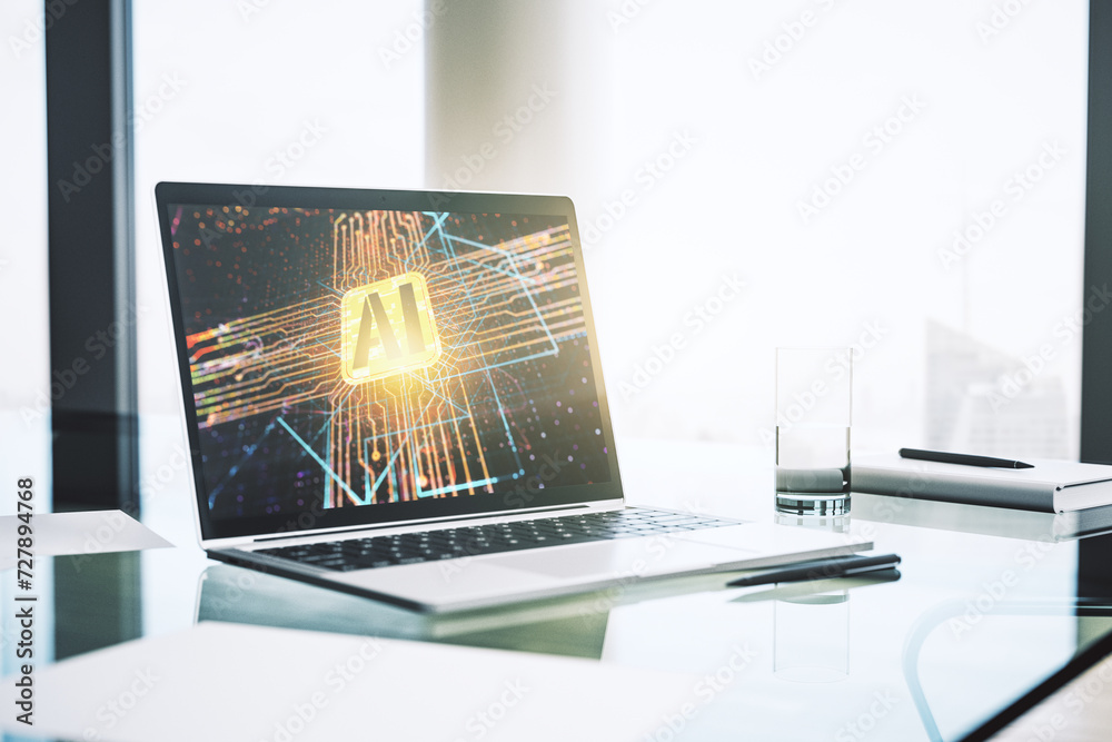 Poster Modern computer monitor with creative artificial Intelligence icon. Neural networks and machine learning concept. 3D Rendering