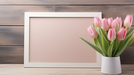 An empty photo frame adorned with charming pink tulips, offering a delightful space for memories and text.