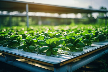 Hydroponic farm vibrant green lettuce and bok choy showcasing sustainable agriculture technology for efficient water conservation and eco-friendly food production - obrazy, fototapety, plakaty