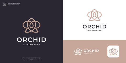 Minimalist orchid logo design vector. Abstract flower with line art style. - obrazy, fototapety, plakaty