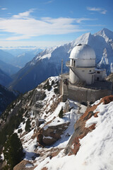 Observatory atop snowy mountain peak under blue sky for science tourism and research