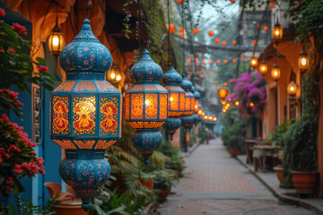 Fototapeta premium The vibrant colors of traditional Eid decorations brightening up homes and streets in anticipation of the upcoming festive celebration. Concept of Eid preparations. Generative Ai.