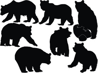 seven bear silhouettes isolated on white
