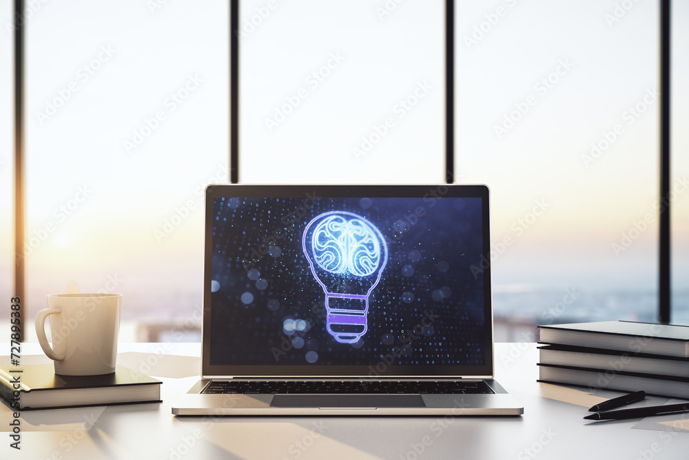 Poster Creative light bulb with human brain hologram on modern laptop monitor, artificial Intelligence and neural networks concept. 3D Rendering