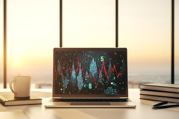 Modern computer monitor with abstract creative financial chart, research and strategy concept. 3D Rendering