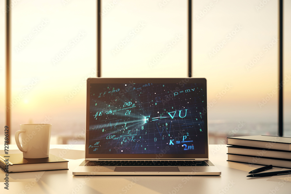 Poster creative scientific formula illustration on modern computer monitor, science and research concept. 3