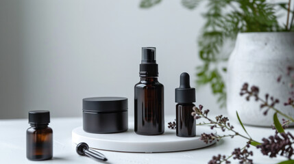 Modern minimalist beauty and skincare products arranged aesthetically on geometric stone platforms with plant shadows creating a tranquil ambience