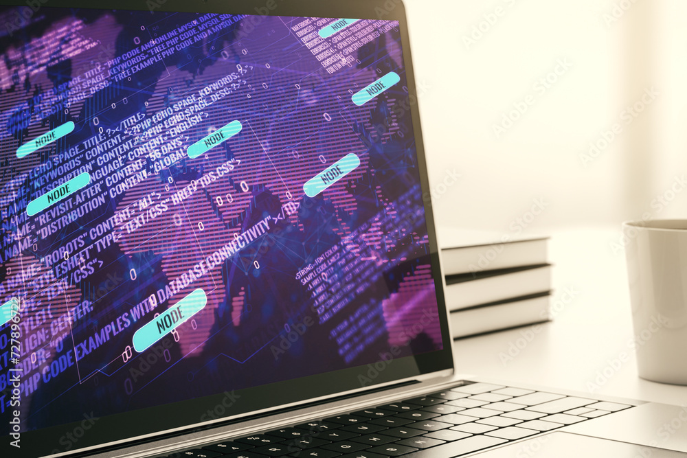 Fototapete modern computer monitor with abstract programming language with world map, research and development 