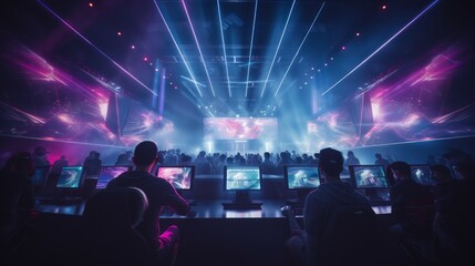 A team of esports athletes is training before an online shooter tournament. Neon lights. Neural network AI generated art