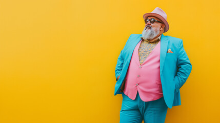 a hip older overweight man dressed in a modern pastel suit on a yellow background.