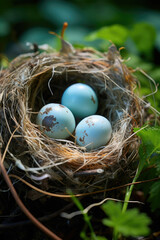 Close-up of speckled robin's eggs in a nest among green leaves symbolizing birth new life and the nurturing side of nature