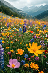 Obraz premium Vibrant wildflower meadow with colorful blooms in an alpine mountain setting perfect for tourism and relaxation