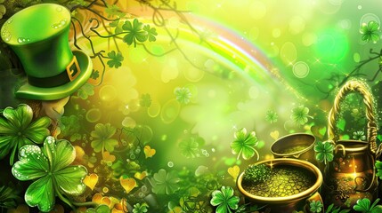 St patrick's day banner with four leaf clover background Abstract green bokeh background with space for text