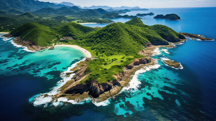 Aerial view of a lush green tropical island surrounded by turquoise waters ideal for travel leisure and eco-tourism - obrazy, fototapety, plakaty