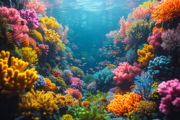 Naklejka na ściany i meble An underwater coral reef scene, teeming with diverse marine life and coral formations, illustrating the importance of marine conservation. Concept of underwater biodiversity. Generative Ai.