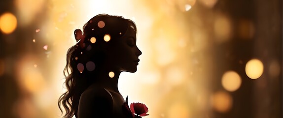 International Women's Day 8 March. Silhouette woman with flowers in bokeh background with copy space for text. Modern feminist in studio for poster. Concept for equality, activism, feminism - obrazy, fototapety, plakaty