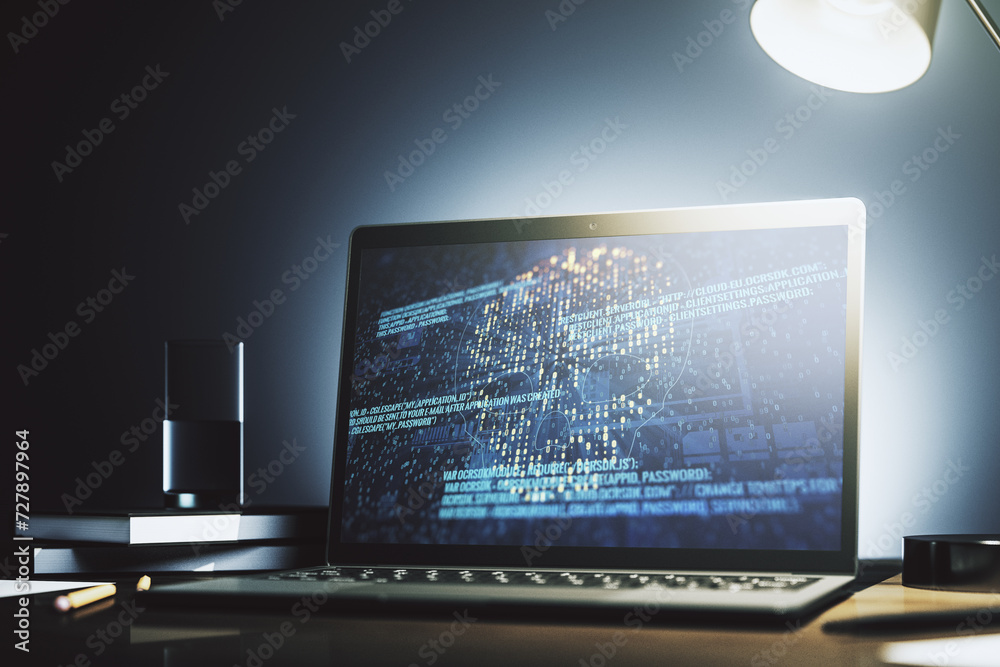 Poster Creative concept of code skull illustration on modern laptop screen. Hacking and phishing concept. 3D Rendering