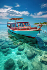 Boat in Beautiful Maldives Anchored in Crystal Blue Water Tourism and Travel Concept