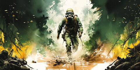 Painting style art of firefighter Coming out of Smoke FIRE in jungle, 