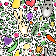 pattern with rabbits and vegetables seamless abstract pattern background fabric fashion design print digital illustration art texture textile wallpaper apparel image with graphic repeat elements