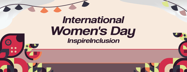 Naklejka premium International Women's Day banner. Modern geometric background in colorful style for women day. Happy women's day greeting card cover with text. Happy world women's day 2024 for Inspire Inclusion