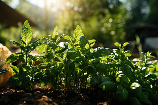 Fresh basil growing in soil bathed in sunlight suitable for gardening agriculture and health industries depicting growth freshness and eco-friendly farming
