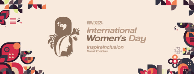 Obraz premium International Women's Day banner. Modern geometric background in colorful style for women day. Happy women's day greeting card cover with text. Happy world women's day 2024 for Inspire Inclusion