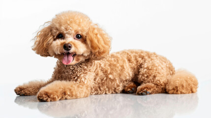 adorable tan poodle with a fluffy coat sitting and looking to the side with its tongue out
