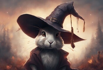 a cartoon cat with a witch's hat sits in a meadow