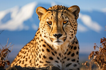 Endangered cheetah in natural habitat with intense gaze and serene savannah atmosphere